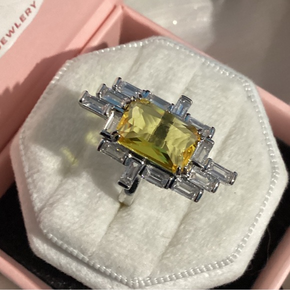 Sterling Silver 925 Radiant& Baguette Cut Yellow Zircon Art Deco